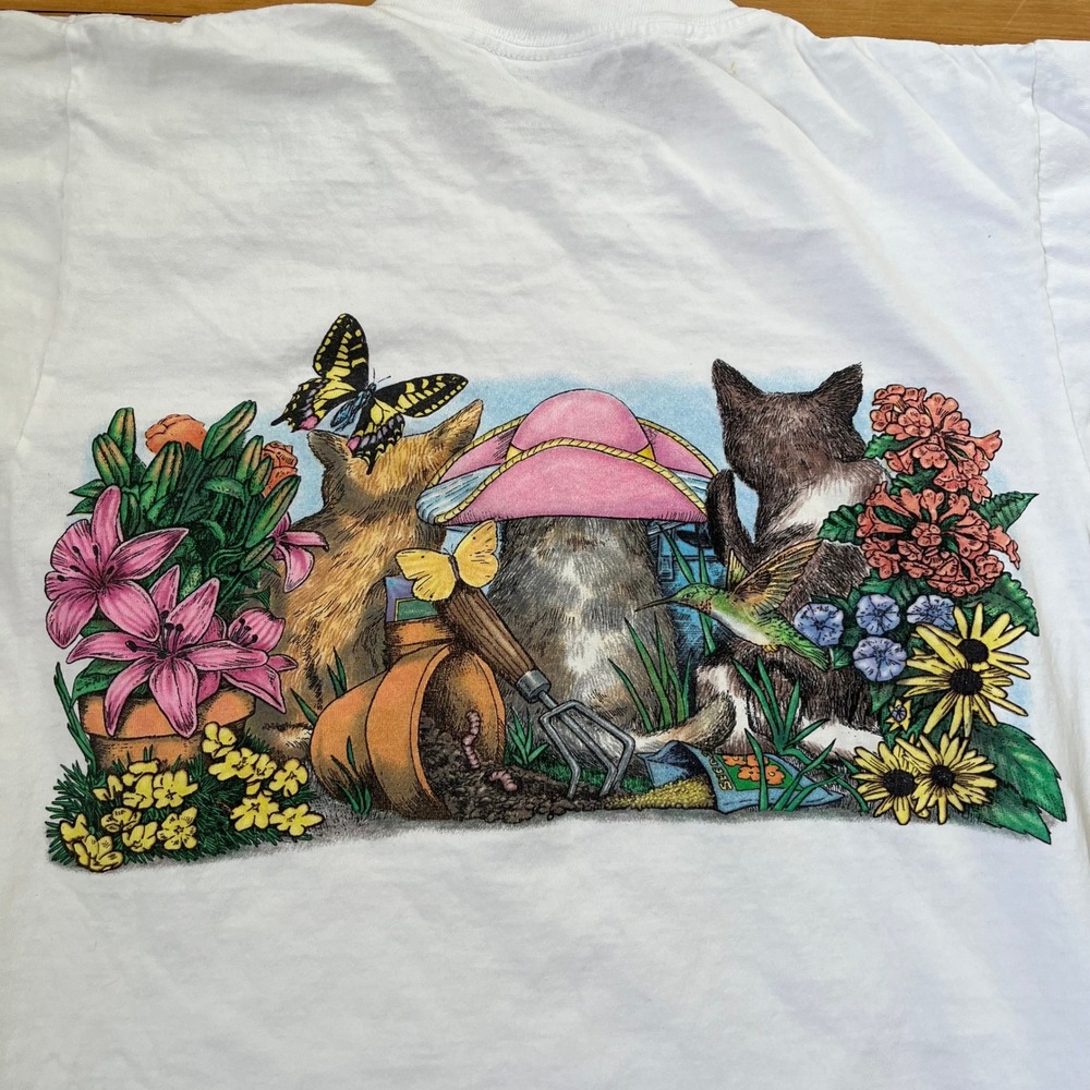 Vintage Prints of Tails Cat Garden Graphic T-Shirt White Single Stitch Small USA - Picture 10 of 10